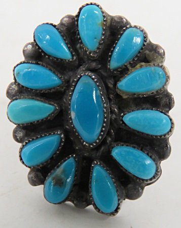 VINTAGE NAVAJO SILVER AND TURQUOISE CLUSTER RING, (1 of 2)