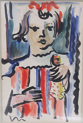 DAVID HENDLER (UKRAINE/ISRAEL 1904-1984), WATERCOLOR,: DAVID HENDLER (UKRAINE/ISRAEL 1904-1984), WATERCOLOR, CHILD WITH HER DOLL, SIGNED (HEBREW). SIGHT 19 X 12 1/2"; FRAMED AND GLAZED-27 1/2 X 18 1/2"