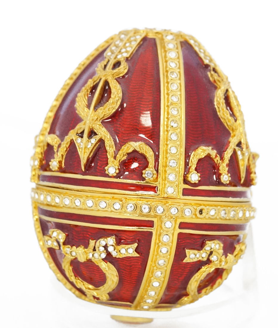 RUSSIAN FABERGE JEWELED RED ENAMELED EGG ON STAND WITH (1 of 5)