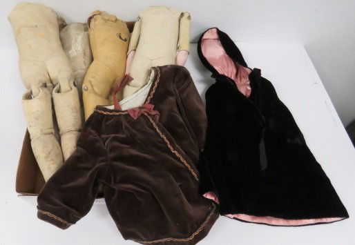 LOT ASSORTED KID LEATHER DOLL BODIES AND DOLL CLOTHES. (1 of 3)