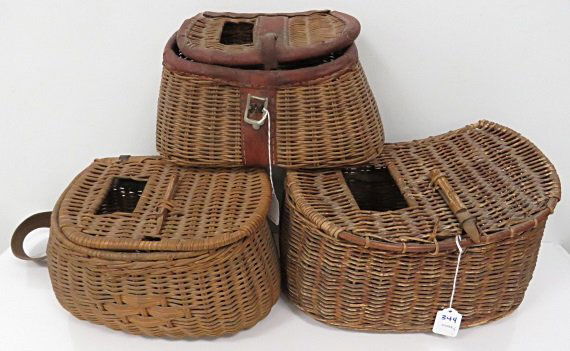 LOT (3) VINTAGE WICKER AND LEATHER FISHING CREELS (1 of 2)