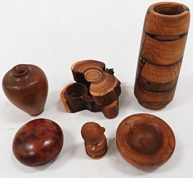 LOT (6) WOOD CARVINGS INCLUDING OLIVE WOOD VASE, BURL (1 of 3)