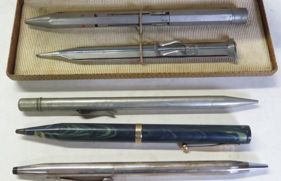 LOT (6) INCLUDING CROSS STERLING SILVER BALL PEN;: LOT (6) INCLUDING CROSS STERLING SILVER BALL PEN; WATERMAN'S MARELIZED MECHANICAL PENCIL; CONKLIN; NORMA AN UNITAS MECHANICAL PENCIL; VINTAGE EVERSHARP BOX
