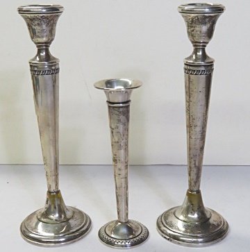 LOT (3) STERLING WEIGHTED CANDLESTICKS AND BUD VASE. (1 of 2)