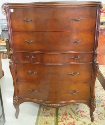 FRENCH STYLE CARVED WALNUT CHEST OF DRAWERS. HEIGHT 53"; (1 of 4)