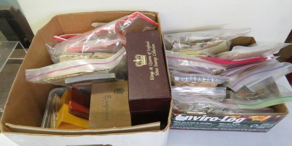 LOT (2) BOXES ASSORTED US AND FOREIGN STAMPS, LOOSE AND (1 of 4)