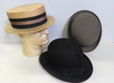 LOT (3) ANTIQUE HATS INCLUDING (2) BOWLERS, 1/LOCK & (1 of 4)
