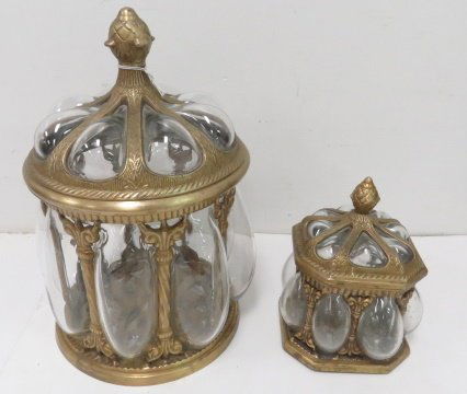 LOT (2) BRASS AND BLOWN GLASS COVERED CONTAINERS. (1 of 2)