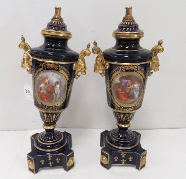 PAIR ROYAL VIENNA STYLE COBALT AND GILT URN LAMP BASES. (1 of 3)