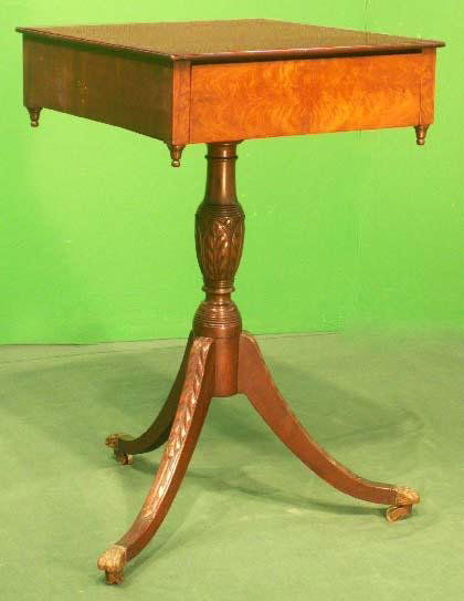 SCHOOL OF DUNCAN PHYFE CARVED MAHOGANY/BURL STAND: SCHOOL OF DUNCAN PHYFE CARVED MAHOGANY/BURL SINGLE-DRAWER WORKSTAND #XV, 19/20TH CENTURY. HEIGHT 29 1/4"; TOP 17 1/2 X **DUE TO THE SIZE AND OR FRAGILITY OF THIS LOT, STANDARD IN-HOUSE SHIPPING IS NOT