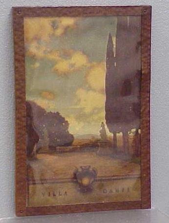 MAXFIELD PARRISH, VILLA CAMPI NEAR FLORENCE: MAXFIELD PARRISH PRINT, VILLA CAMPI NEAR FLORENCE, WITH COPPER FRAME. LABEL: THE LITTLE SHOP, BRIARCLIFF NY. 8 X 5 3/8" (print is covered in plastic which has yellowed, print may have some toning, no