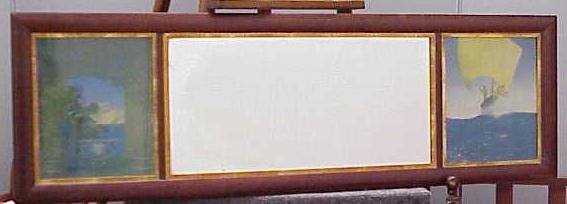 MAXFIELD PARRISH MIRROR WITH (2) PRINTS: MAXFIELD PARRISH MIRROR WITH (2) PRINTS INCLUDING "PRINCE CODADAD AND HIS BROTHERS" AND "THE PRINCESS OF DERYABAR" (ORIGINAL LABEL). 14 1/2 X 45 1/2 OVERALL. **DUE TO THE LOTS SIZE AND OR FRAGILITY, S