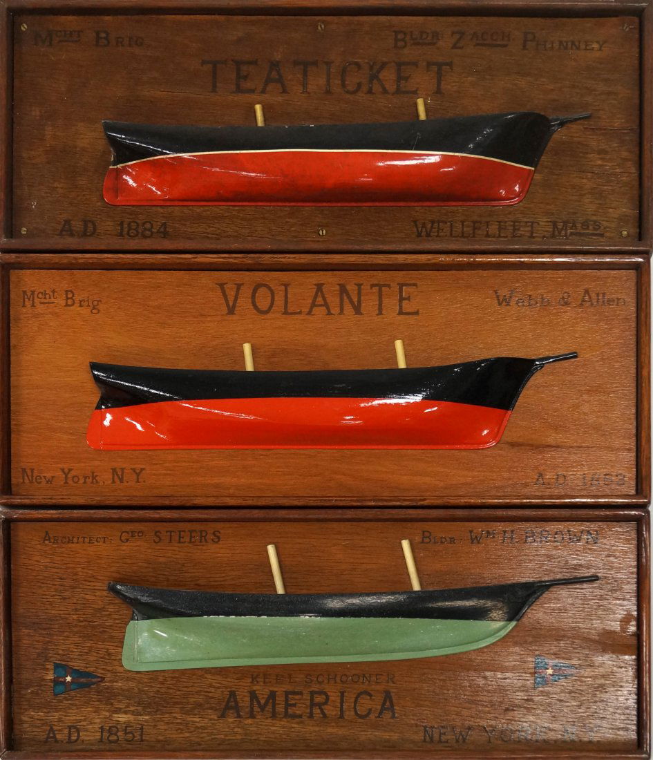 LOT (3) HALF HULL SHIP MODELS INCLUDING KEEL SCHOONER: LOT (3) HALF HULL SHIP MODELS INCLUDING KEEL SCHOONER "AMERICA", NY; BRIG "VOLANTE", NY & BRIG "TEATICKET", WELLFLEET, MA. 8 X 21"