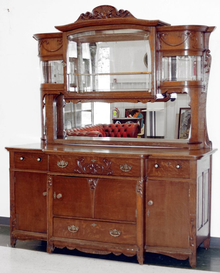 ART NOUVEAU CARVED OAK SIDE BOARD. HEIGHT 85"; WIDTH (1 of 1)
