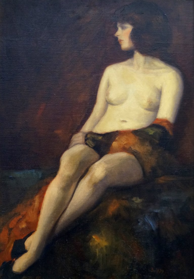FRANK DUVENECK (AMERICAN 1848-1919), OIL ON ARTIST: FRANK DUVENECK (AMERICAN 1848-1919), OIL ON ARTIST BOARD, SEATED NUDE, SIGNED 1879. 27 X 19"; FRAMED 32 1/2 X 24 1/2"