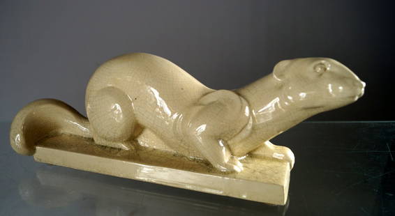 LOUIS FONTINELLE (FRENCH 1886-1964), GLAZED POTTERY: LOUIS FONTINELLE (FRENCH 1886-1964), GLAZED POTTERY FIGURE OF A WEASEL, SIGNED. LENGTH 16 1/2"