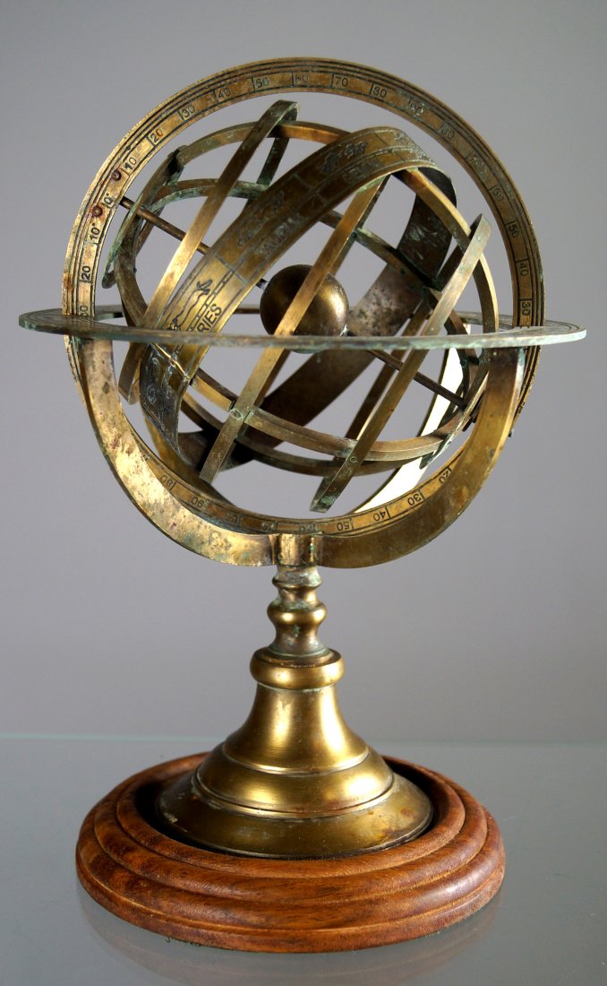 BRASS ARMILLARY GLOBE. HEIGHT 11"; DIAMETER 7 1/2" (1 of 3)