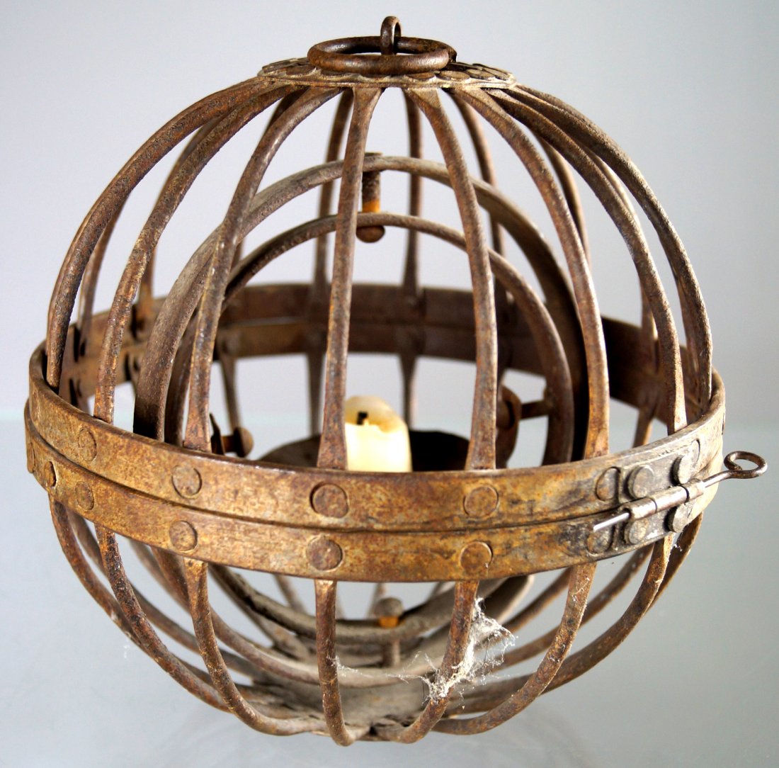 WROUGHT IRON GIMBAL MOUNTED SHIP'S CANDLE LANTERN, 19TH (1 of 3)