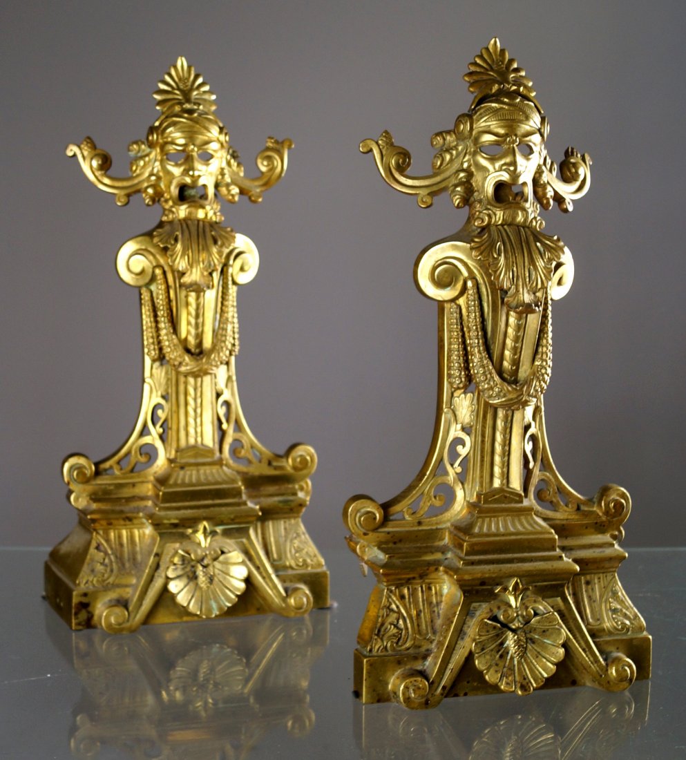 PAIR FRENCH GILT BRONZE ANDIRON FRONTS, 19TH CENTURY. (1 of 2)