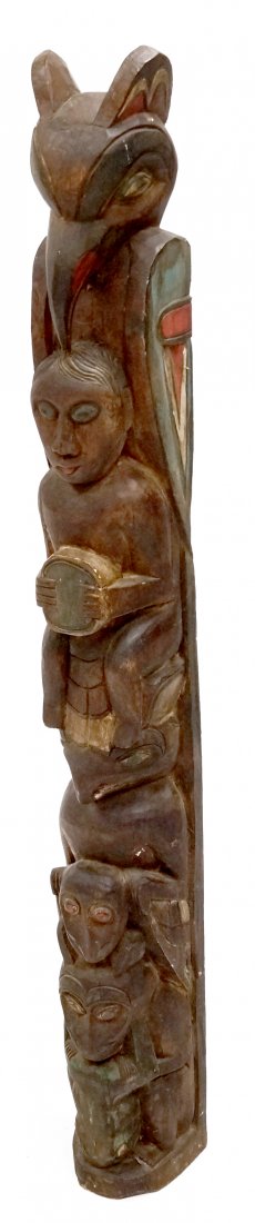 NORTHWEST COAST STYLE CARVED AND PAINTED WOOD TOTEM.: NORTHWEST COAST STYLE CARVED AND PAINTED WOOD TOTEM. HEIGHT 44"