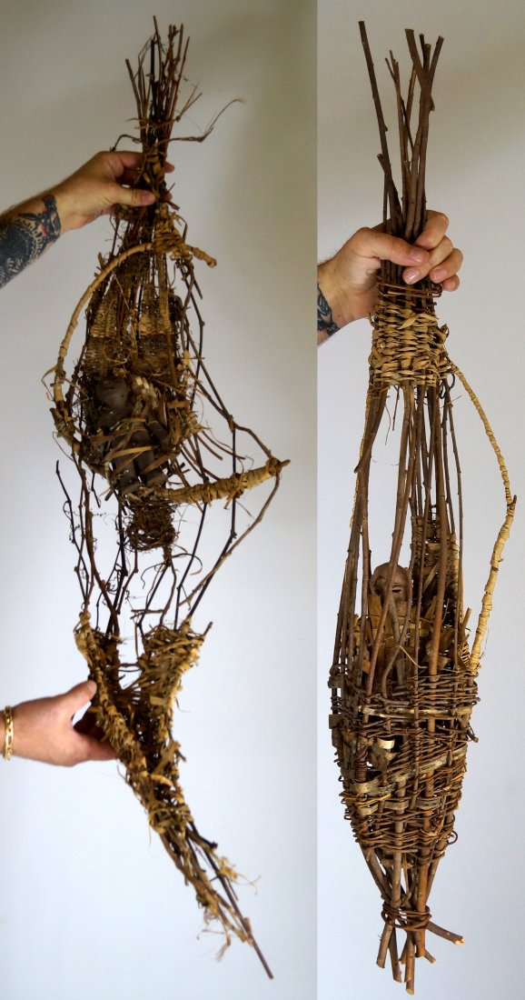 LOT (2) ASMAT POTTERY/TWIG WORK RAFT, ANCESTOR FIGURES. (1 of 3)