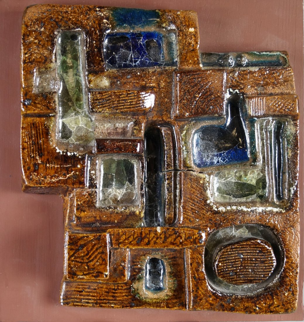 S.G. WEINRACH (AMERICAN 20TH CENTURY) GLAZED STONEWARE: S.G. WEINRACH (AMERICAN 20TH CENTURY) GLAZED STONEWARE ABSTRACT PANEL (MOUNTED). 12 X 12"