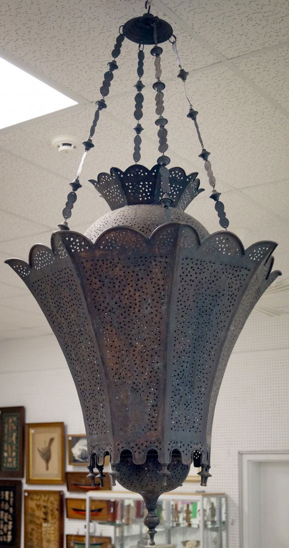 INDIAN PIERCED BRASS TEMPLE HANGING LIGHT. HEIGHT 68" (1 of 2)