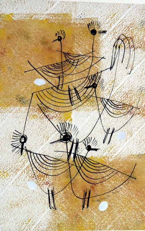 KONRAD CRAMER (1888-1963): KONRAD CRAMER (1888-1963), INK, WATERCOLOR AND GOUACHE ON PAPER, UNTITLED (ABSTRACT BIRDS, FEB. 3, 1953 #3), 1953, SLR. SHEET 18 1/2" X 12"; FRAMED AND GLAZED 25 1/2" X 17 1/4"