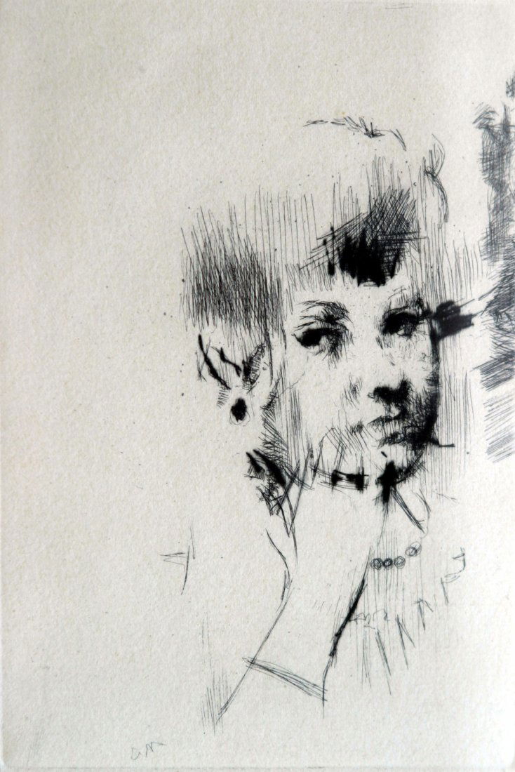 JACK LEVINE (1915-2010): JACK LEVINE (1915-2010), ETCHING, MEDITATION (YOUNG MAN), 1965 AP, SLR. PLATE 7" X 5"; FRAMED AND GLAZED 12 5/8" X 9 3/4". PROVENANCE: KLEIN COLLECTION, INSCRIBED WITH NOTE DATING PURCHASE AT BLEEKER