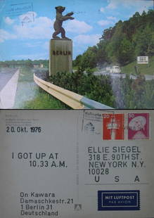 ON KAWARA (1933-2014): ON KAWARA (1933-2014) INK ON POSTCARD, I GOT UP AT 10.33 AM, 20. OKT. 1976, STAMPED SIGNATURE. 4 1/8" X 6"; FRAMED 9" X 11"