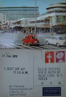 ON KAWARA (1933-2014): ON KAWARA (1933-2014) INK ON POSTCARD, I GOT UP AT 11.19 AM, 21. SEPT. 1976, STAMPED SIGNATURE. 4 1/8" X 6"; FRAMED 9" X 11"