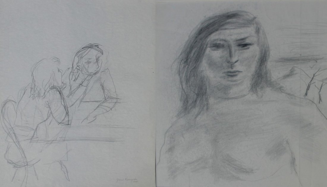 YASUO KUNIYOSHI (1893-1953): YASUO KUNIYOSHI (1893-1953), LOT (2) CRAYON AND PENCIL ON PAPER, HALF-LENGTH NUDE AND TWO WOMEN AT A TABLE, C.1930s, SIGNED POSTHUMOUSLY BY SARA KUNIYOSHI. BOTH 16 3/4" X 13 3/4" PROVENANCE: FRANKLIN 