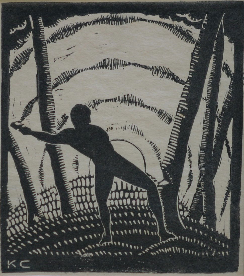 KONRAD CRAMER (1888-1963): KONRAD CRAMER (1888-1963), LINOCUT, PLOWSHARE, VOL. 8, 1919, SLL IN PLATE. PLATE 8 1/4" X 7 1/4"; FRAMED AND GLAZED 18 1/4 X 17" PROVENANCE: FRANKLIN RIEHLMAN FINE ART, NYC