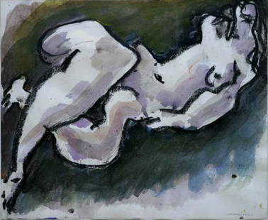 NICHOLAS MARSICANO (1908-1991): NICHOLAS MARSICANO (1908-1991), PASTEL AND WATERCOLOR ON PAPER, NUDE WITH OLIVE BACKGROUND, N.D., SLR. 13 3/4" X 16 3/4"; FRAMED 18 1/2" X 24 1/2"