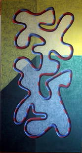 PETER SCHUYFF (1958-): PETER SCHUYFF (1958-), OIL ON CANVAS, RED AND BLUE SNAKE, N.D. 90" X 48", UNFRAMED. (CONDITION: SLIGHT PAINT LOSS UPPER EDGE, CENTER). Provenance: Pat Hearn Gallery, NYC; Slutsky Collection, Woodstock