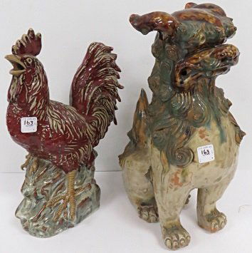 LOT (2) CHINESE POTTERY INCLUDING COCKEREL AND FOO DOG. (1 of 3)