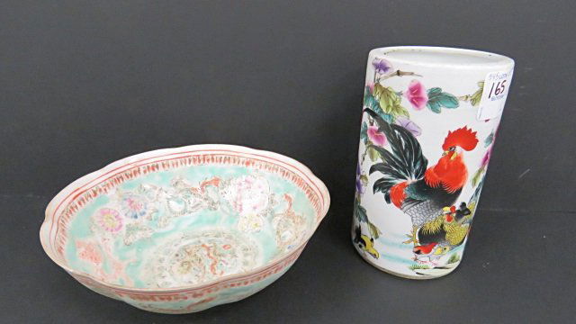 LOT (2) CHINESE PORCELAIN DECORATED BRUSH POT WITH (1 of 3)