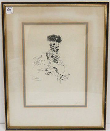 JACK LEVINE (AMERICAN 1915-2010), DRYPOINT ETCHING,: JACK LEVINE (AMERICAN 1915-2010), DRYPOINT ETCHING, "DEATH'S HEAD HUSSAR", SIGNED #15/100, DEDICATION. PLATE 11 1/2 X 9 7/8"; FRAMED AND GLAZED-20 X 16"