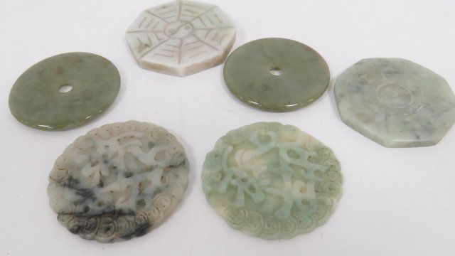 LOT (6) CHINESE CARVED HARDSTONE PENDANTS, BI DISCS. (1 of 5)