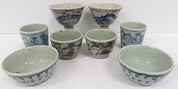 LOT (8) CHINESE DECORATED PORCELAIN CUPS, MADE FOR: LOT (8) CHINESE DECORATED PORCELAIN CUPS, MADE FOR DOMESTIC MARKET. HEIGHT 1 1/4-3 1/4"