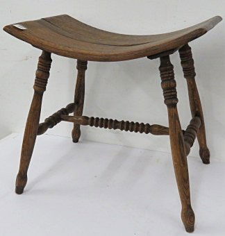 VINTAGE OAK BENCH WITH SADDLE-SHAPE SEAT. HEIGHT 18"; (1 of 3)