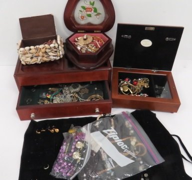 LOT OF FASHION JEWELRY AND DRESSER BOXES INCLUDING: LOT OF FASHION JEWELRY AND DRESSER BOXES INCLUDING SHELL ART