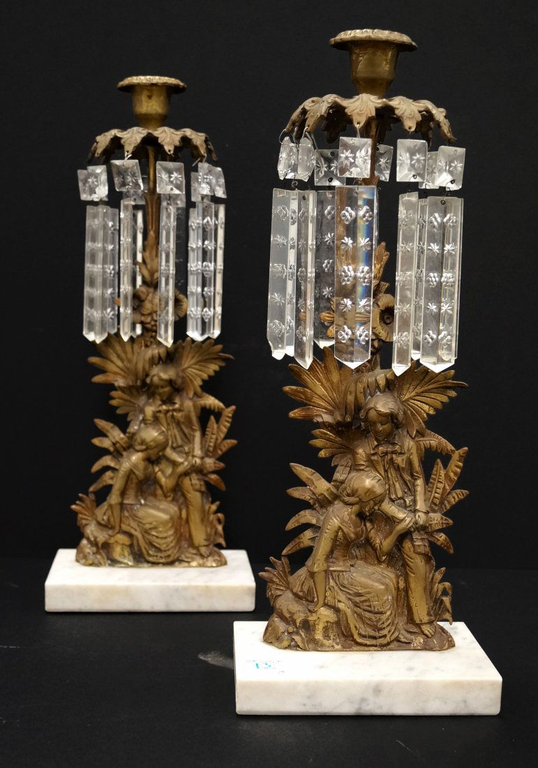 PAIR VICTORIAN BRASS AND MARBLE GRONDOLES CANDLE (1 of 2)