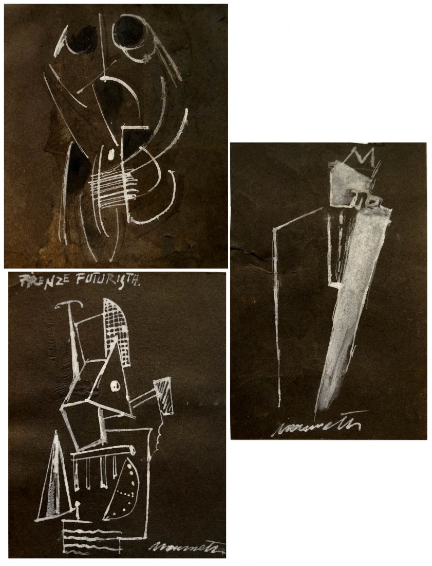 NERINO NANNETTI (ITALIAN 1889-1982), LOT (3) GOUACHE ON: NERINO NANNETTI (ITALIAN 1889-1982), LOT (3) GOUACHE ON BROWN PAPER, FUTURIST DESIGNS, SIGNED. SHEETS 5 3/8 X 4 5/8"-7 X 4 1/4"