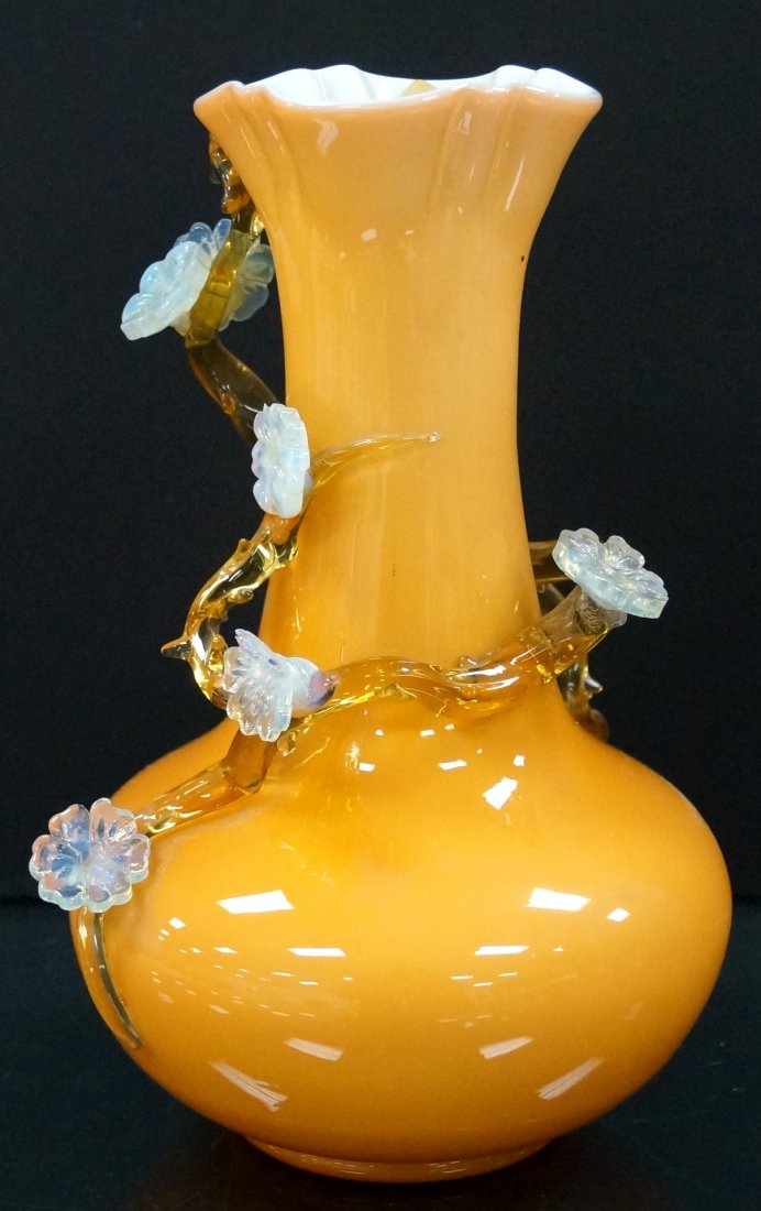 VICTORIAN YELLOW-ORANGE OPALINE CASE GLASS VASE WITH (1 of 2)