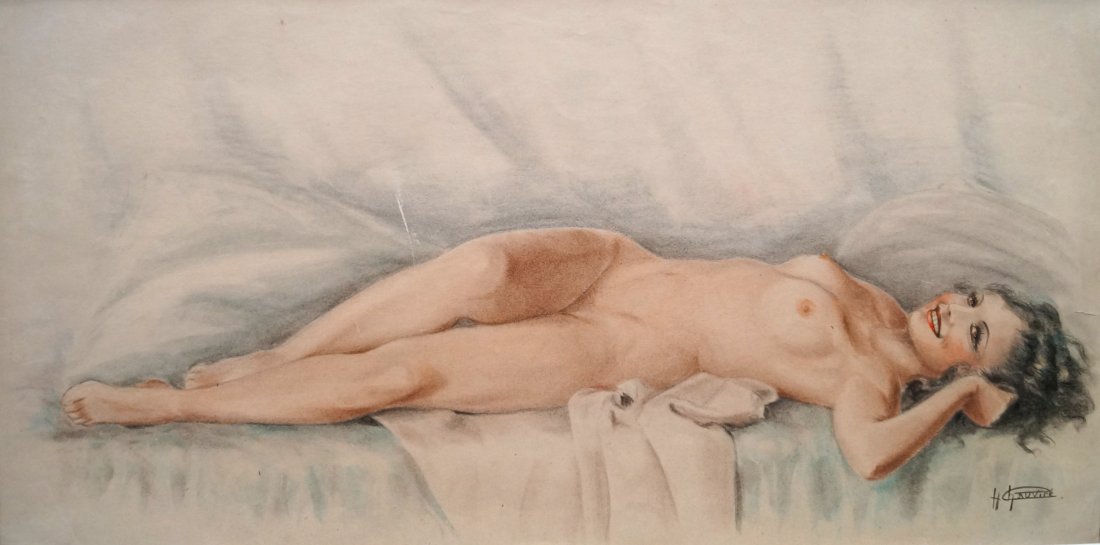 FRENCH SCHOOL (20TH CENTURY), PASTEL, PIN-UP RECLINING: FRENCH SCHOOL (20TH CENTURY), PASTEL, PIN-UP RECLINING NUDE, SIGNED H. CHAUVIRE. SIGHT 15 X 30 1/2"; FRAMED 23 1/2 X 39"