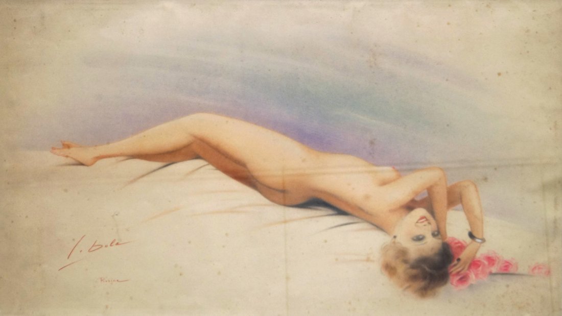 FRENCH SCHOOL (20TH CENTURY), WATERCOLOR AND PASTEL,: FRENCH SCHOOL (20TH CENTURY), WATERCOLOR AND PASTEL, PIN-UP RECLINING NUDE, "ROSINE", SIGNED BOLA. SIGHT 17 X 29"; FRAMED AND GLAZED 25 1/2 X 37"