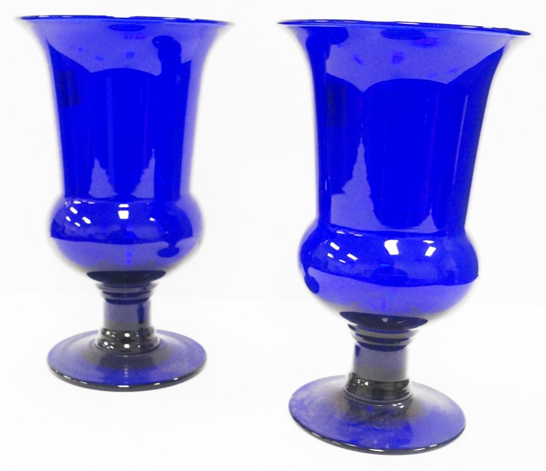 PAIR COBALT GLASS PEDESTAL VASES. HEIGHT 9" (1 of 1)