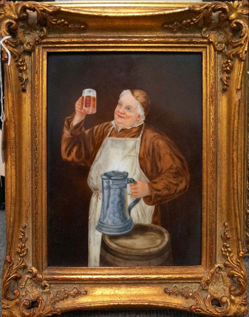 GERMAN HAND PAINTED PORCELAIN PLAQUE, MONK BREWMASTER. (1 of 1)