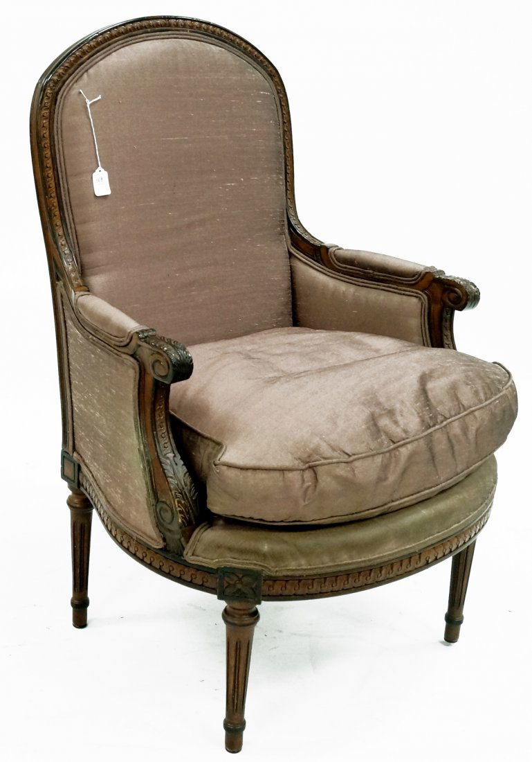 FRENCH UPHOLSTERED CARVED WALNUT BERGERE CHAIR (1 of 1)